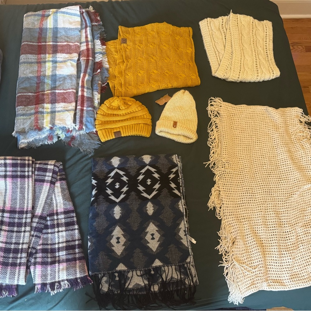 Assorted Knit Scarves & Beanies Hat Set - Mustard Yellow, Cream, Navy, Plaid